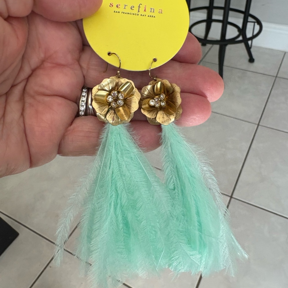 Gold Floral Earrings with Mint Feathers